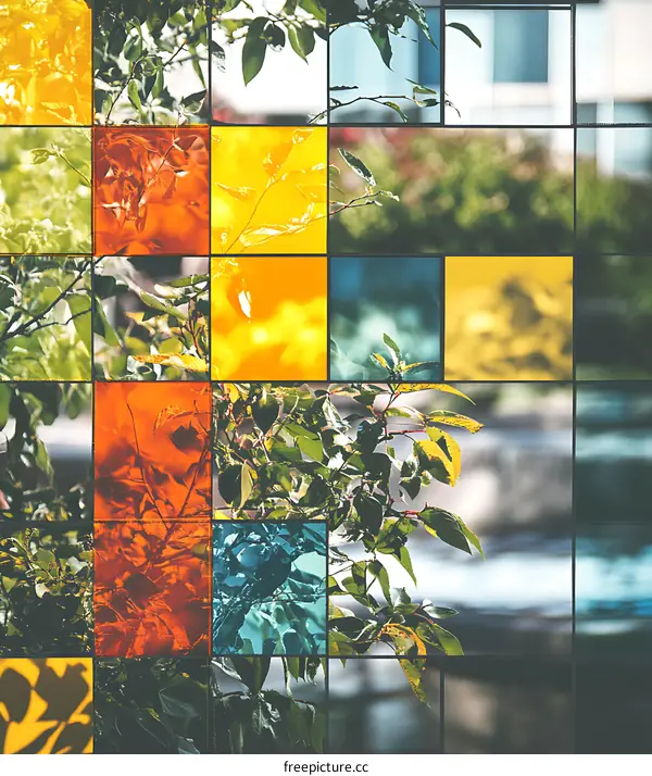 Green Leaves Through Colorful Glass Squares