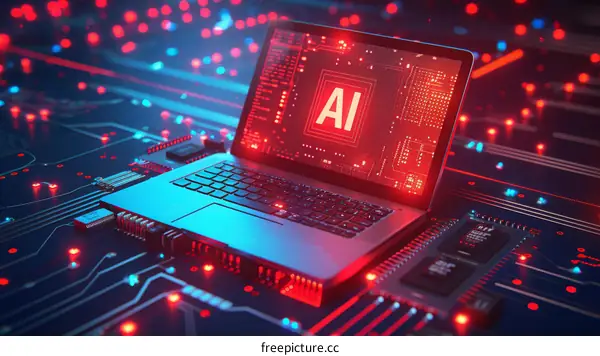 Laptop with AI Symbol on Screen Over Circuit Board