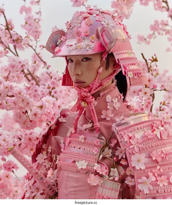 A woman wearing a pink samurai armor stands in a field of cherry blossoms.