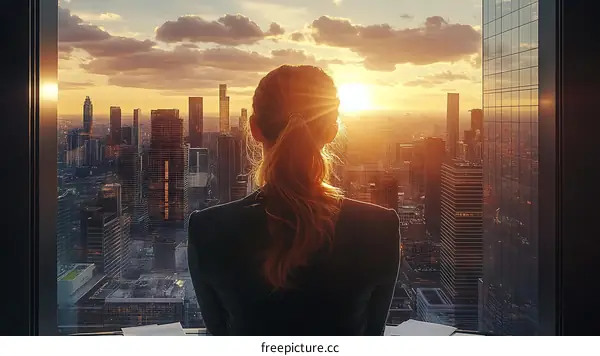 Businesswoman Contemplating City Skyline at Sunset