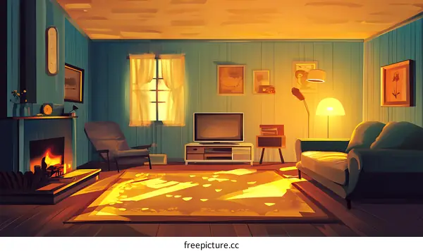 Cozy Living Room Interior Illustration With Fireplace and Sunlight