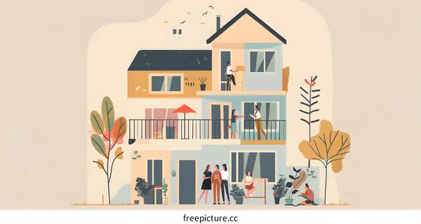 Colorful Illustration of People in a Multi-Story House