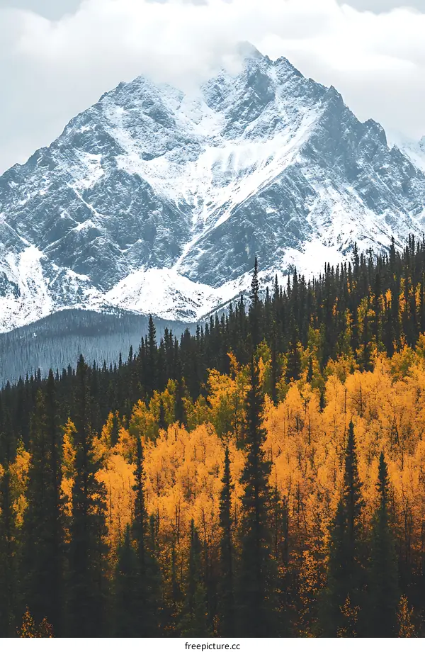Mountain Peak Covered with Snow and Surrounded by Autumn Foliage