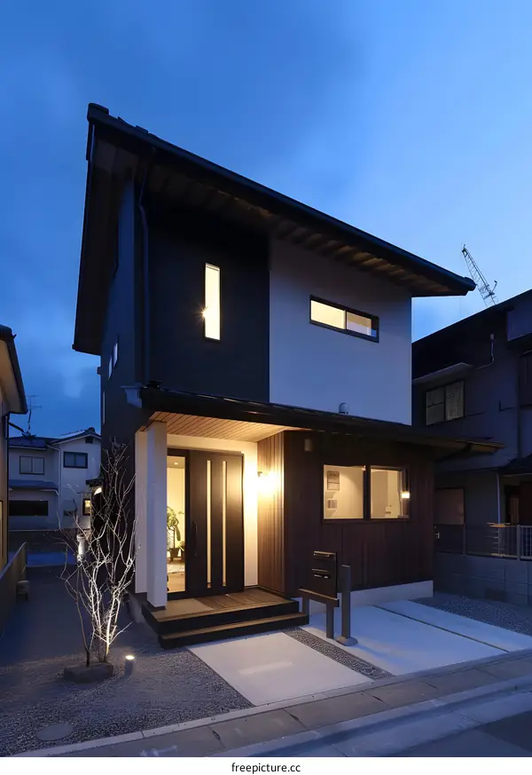 Modern Japanese Style House Exterior at Dusk