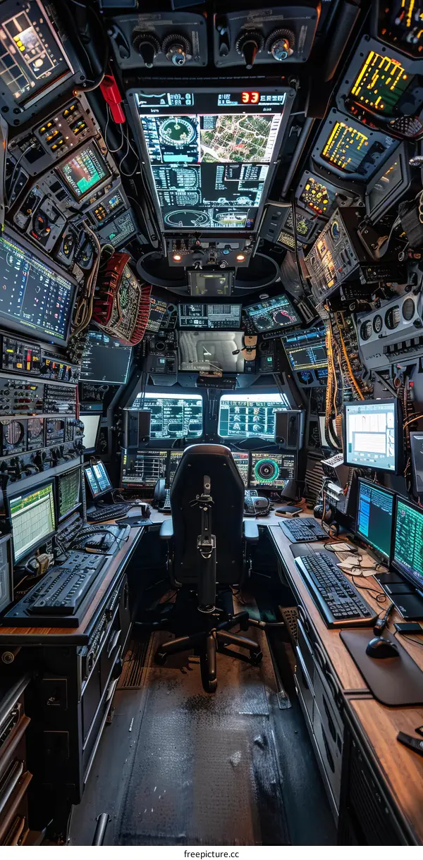 Futuristic command center with multiple screens and electronic devices