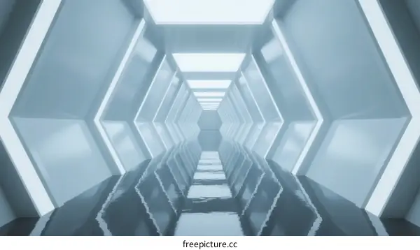 Futuristic Hexagonal Corridor with Reflective Floor and LED Lighting