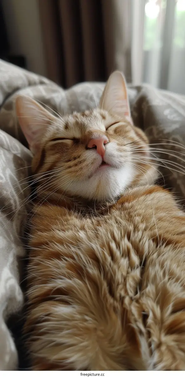 A ginger cat is sleeping on a bed