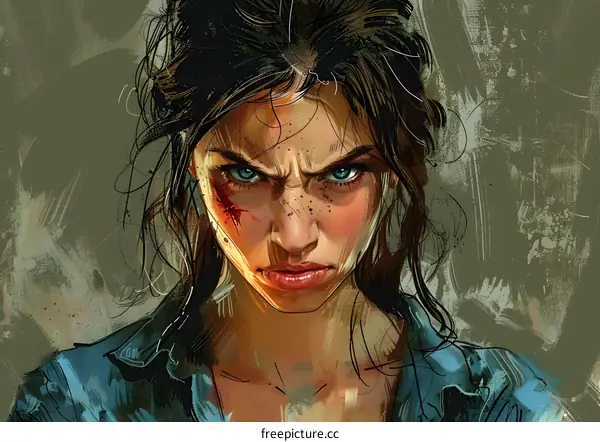 Angry Woman with Blue Eyes and Scars