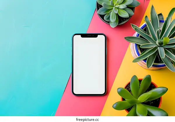 Blank Phone Screen On Colorful Background With Succulents