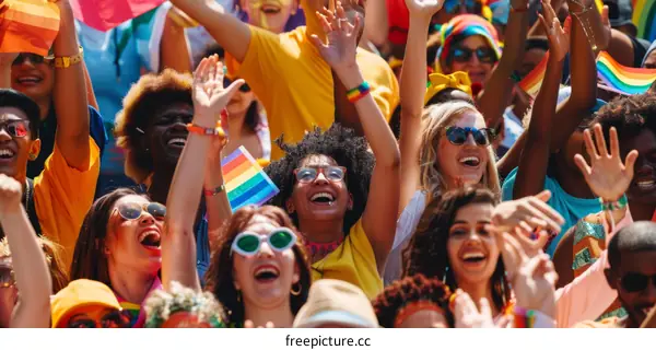 A group of people of various ethnicities are celebrating with pride flags.