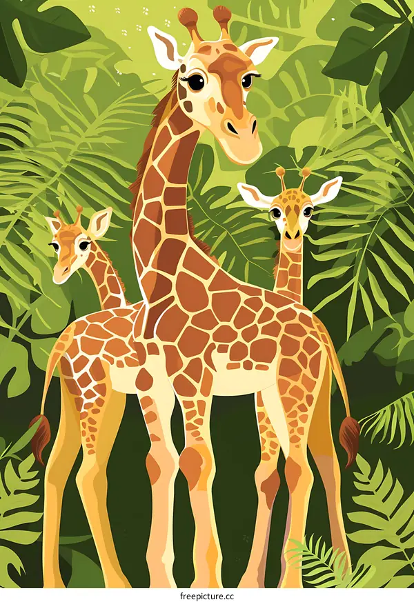 Three Giraffes In The Jungle Illustration