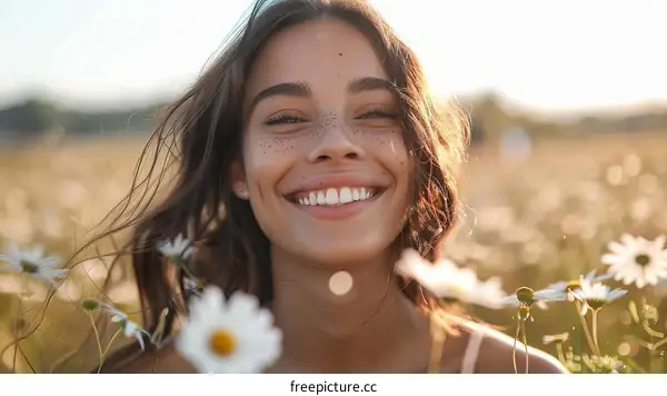 Happy Woman in a Field of Flowers