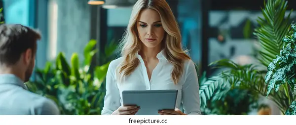 Young Woman Using Tablet In Office With Plants