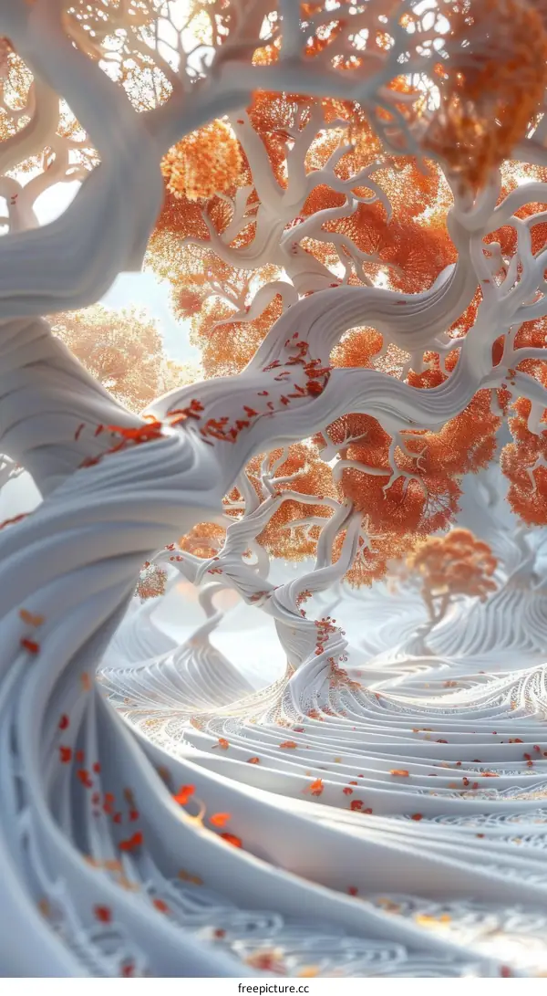 Mystical White Trees with Orange Leaves in a Surreal Forest