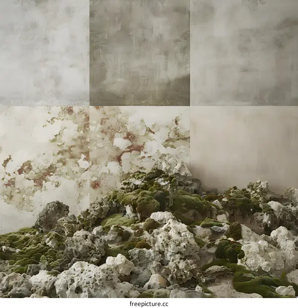 Green Moss Covered Rocks Against Concrete Wall Background