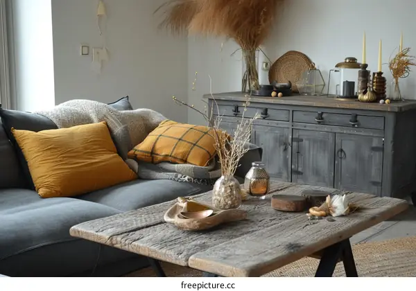 gray couch with yellow pillows and blanket in front of wooden cabinet with decorations