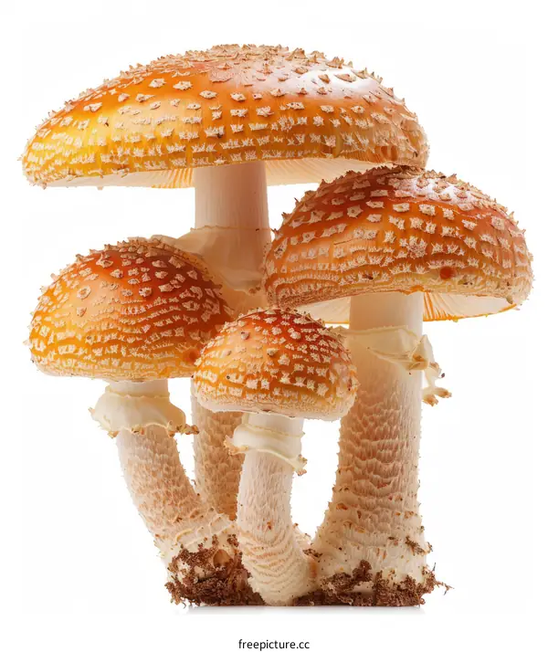 Four orange amanita mushrooms with white spots