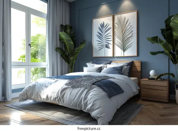 Serene Blue and White Bedroom with Tropical Plants