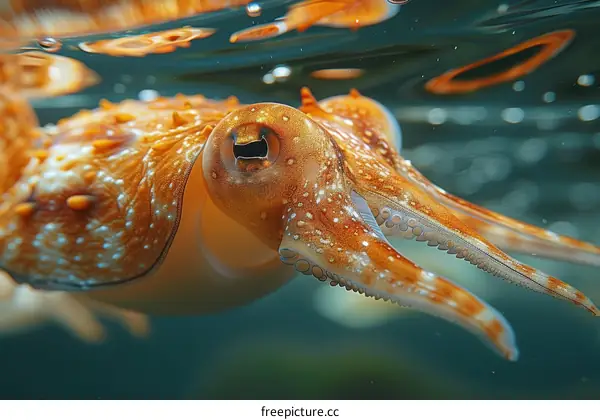 A beautiful orange reef octopus swimming in the ocean