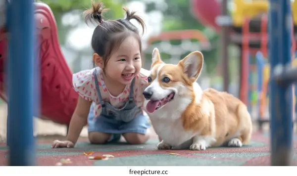 A happy toddler girl playing with a corgi dog in the playground