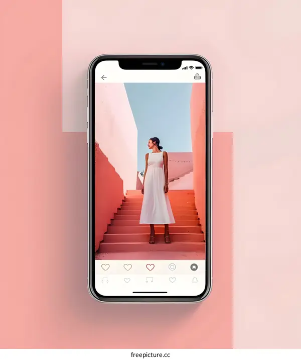 Woman in White Dress on Pink Stairs on Phone Screen