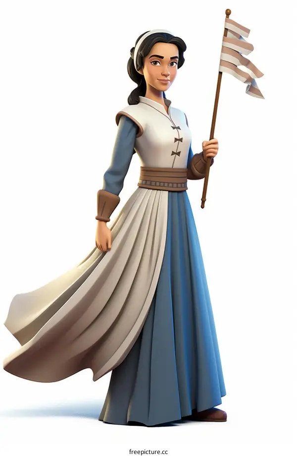 A young woman in a white dress and blue sash holding a flag