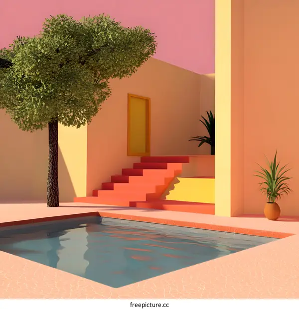 Minimalist Poolside Architectural Illustration with  Orange, Yellow and Pink Color Palette