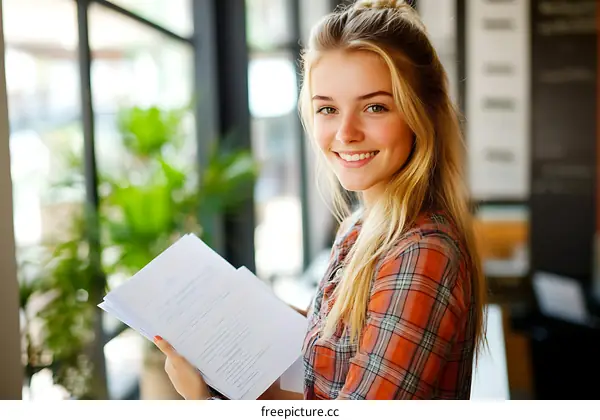 Smiling Caucasian Woman with Documents