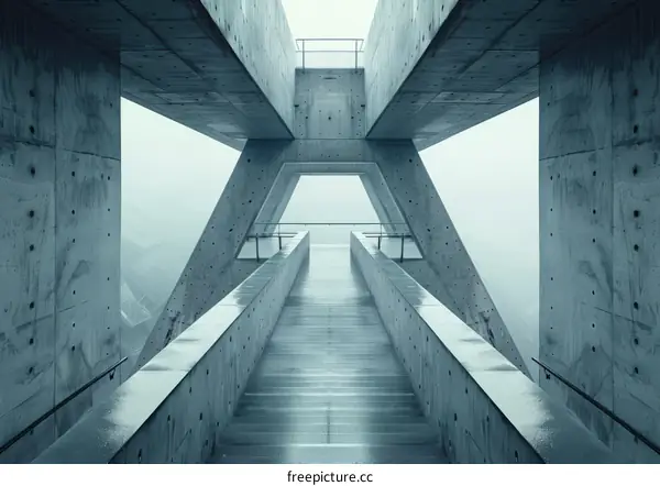 Futuristic Concrete Bridge Overpass Soaring Above Misty Mountains