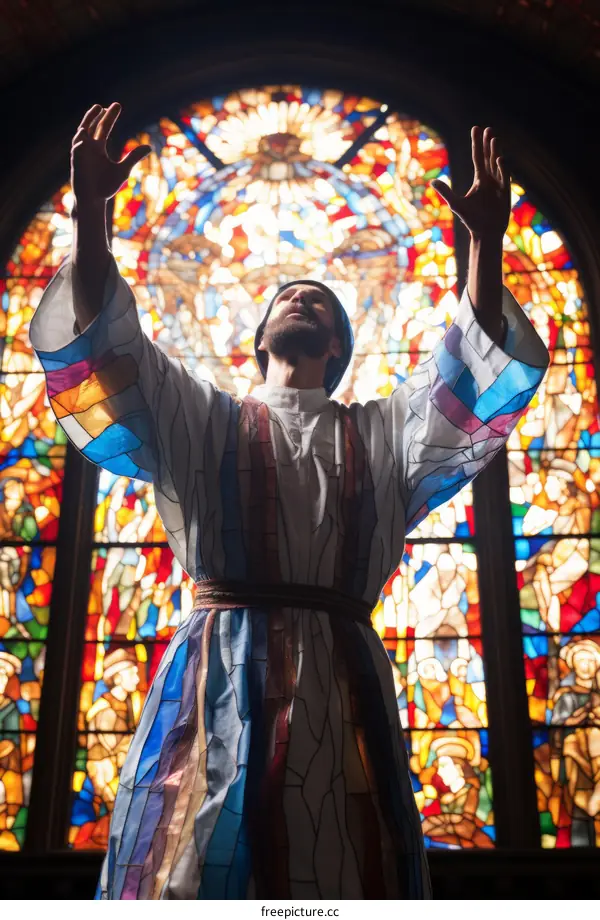 A man in a colorful robe stands in front of a stained glass window with his hands raised