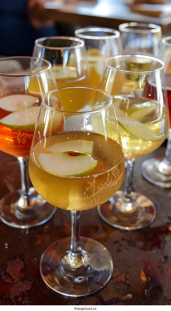 Close up of Apple Cider in Wine Glasses on a Table