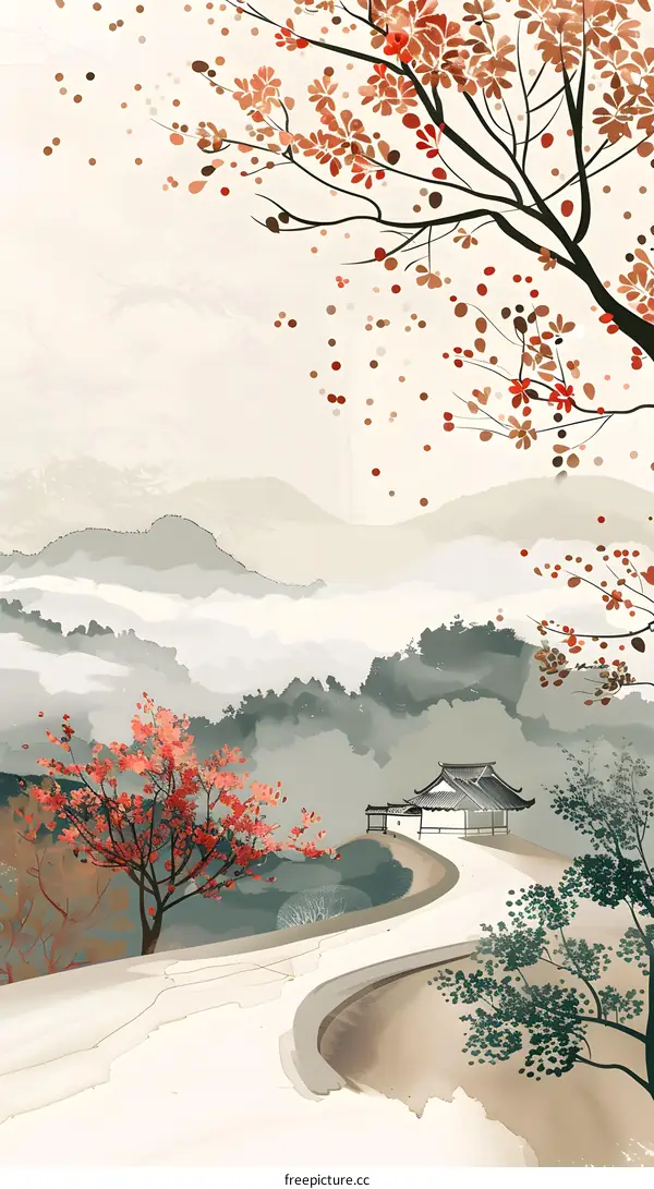 Watercolor Painting of Chinese Landscape with Pagoda and Cherry Blossoms