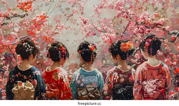 Five Japanese women wearing traditional kimono under the cherry blossom trees