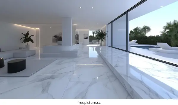 Modern Interior Design with Marble Flooring and Pool View