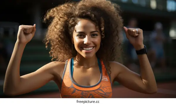 A young African-American female celebrating her victory in a race