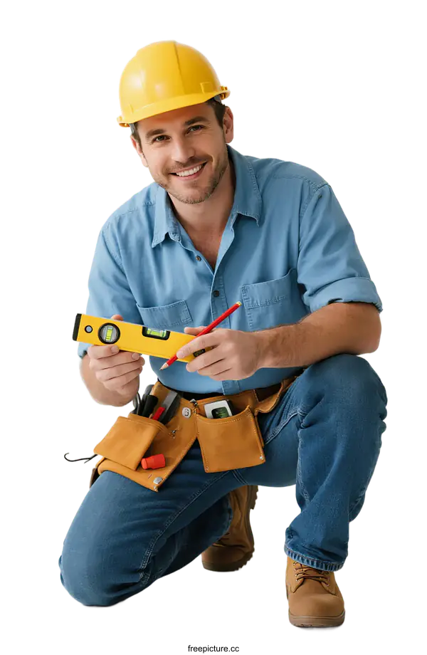[Transparent Background PNG]A construction worker wearing a yellow helmet and holding a level tool