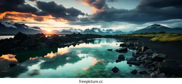 Sunset over the mountains and lake