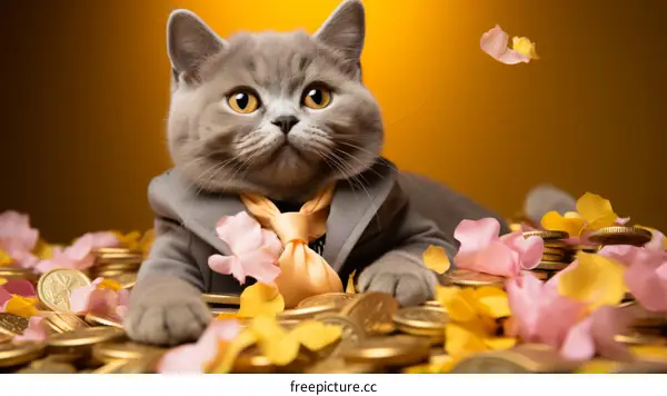 British Shorthair Cat in Suit and Tie on Gold Coins