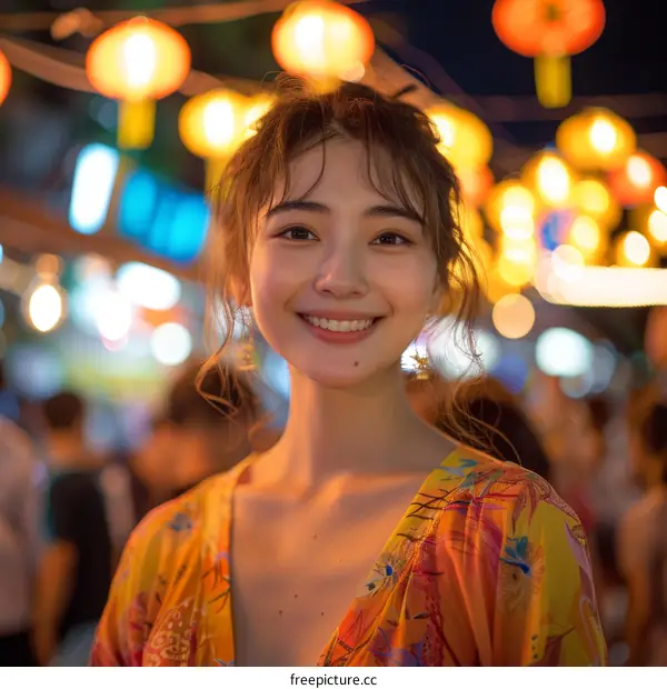 Portrait of a beautiful Asian woman smiling in a brightly lit environment