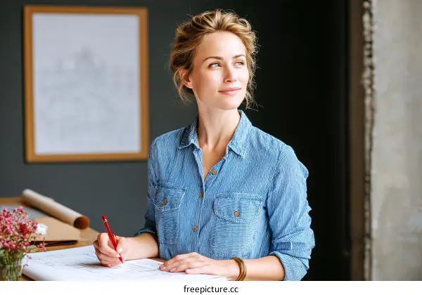 Woman Architect Working on Blueprint Design