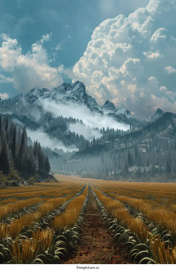 fantasy landscape with mountains and wheat field