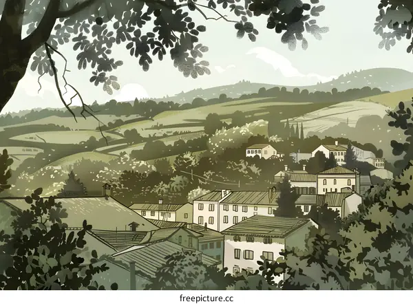 Hand Drawn Illustration of a Small Town in the Valley