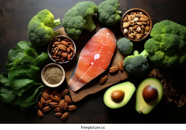 A variety of healthy foods, including vegetables, fruits, fish, nuts, and seeds