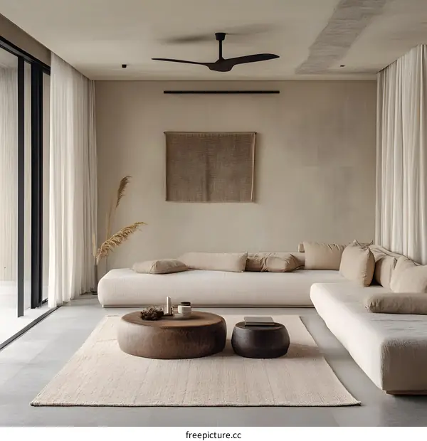 Minimalist Living Room Interior Design with Beige Sofa and Wooden Coffee Tables