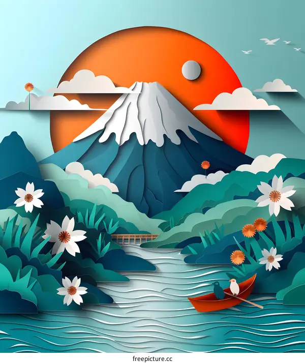 Mount Fuji in the style of paper cut art