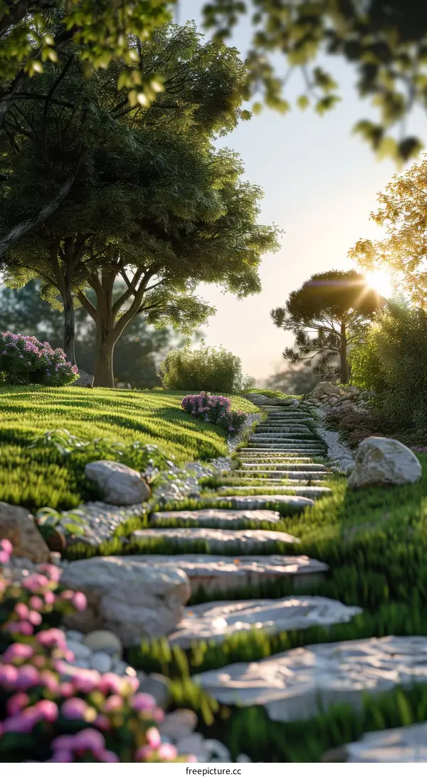 Stone Path in a Lush Green Garden