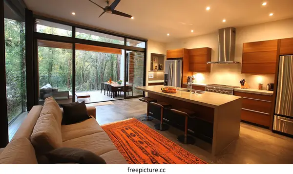 Modern Open-Concept Kitchen and Living Area with Forest Views