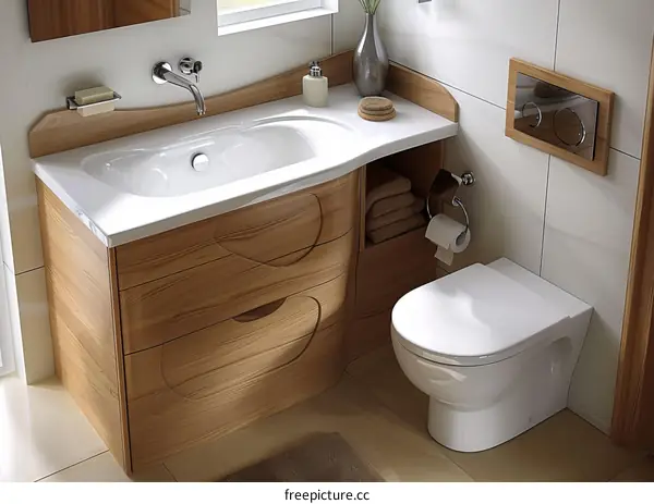 Modern Wooden Bathroom Vanity with Sink and Toilet