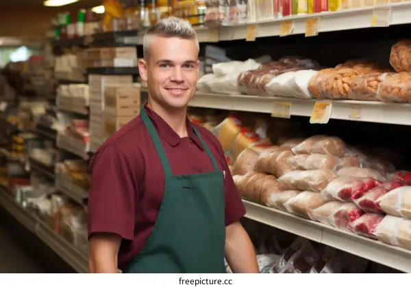 Portrait of a happy young Caucasian male grocery store clerk