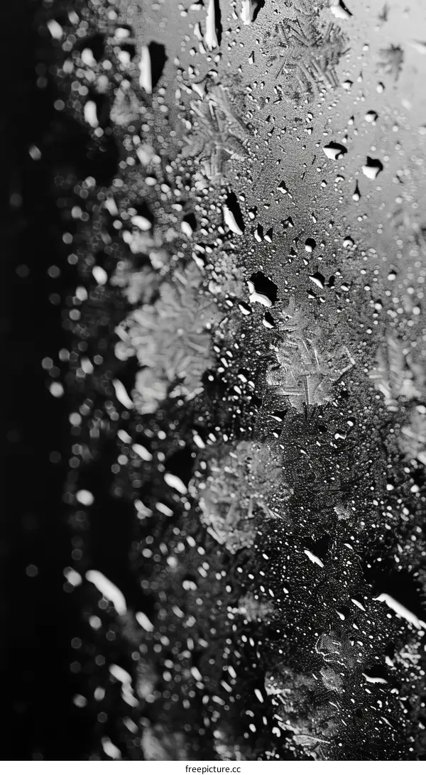 Black and White Water Drops with Snowflake Patterns on Glass